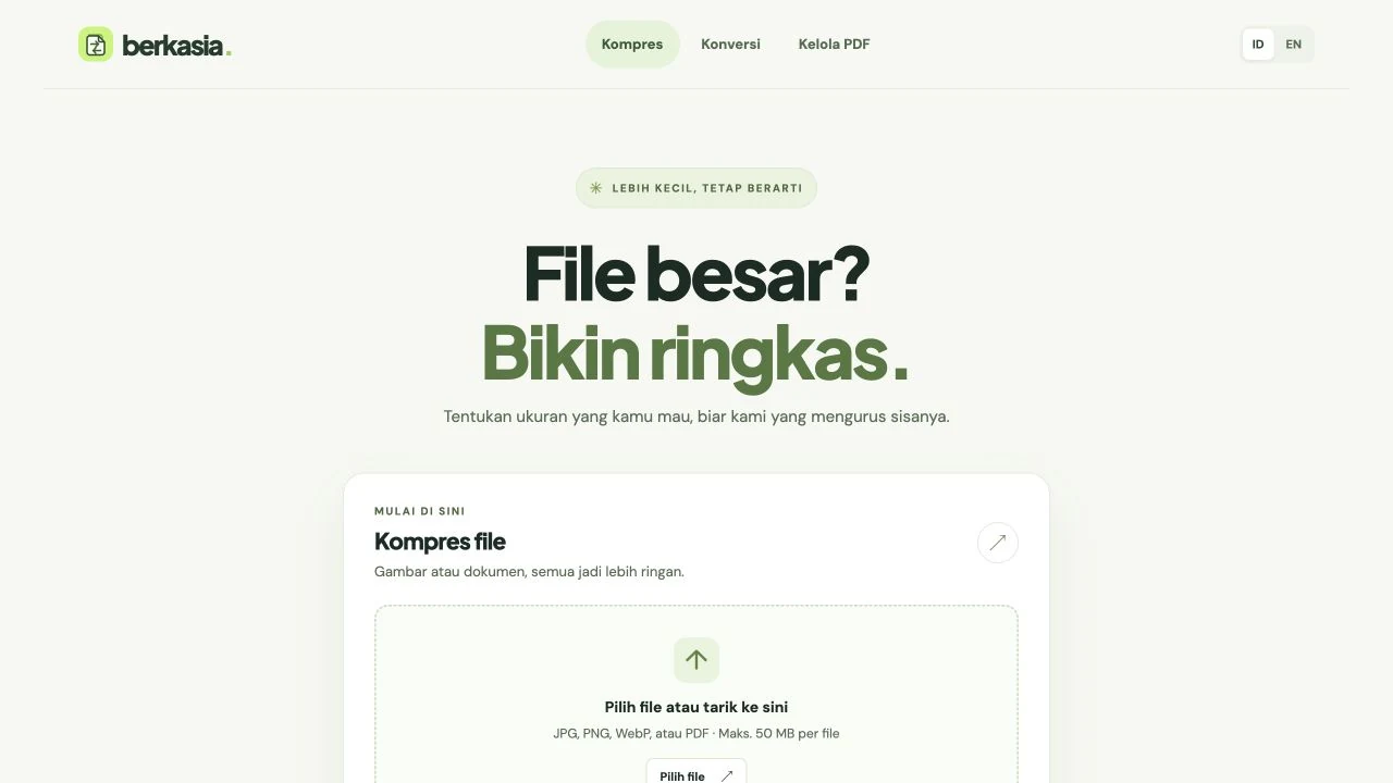 Halaman utama Berkasia dengan formulir untuk memilih file yang akan dikompresi.