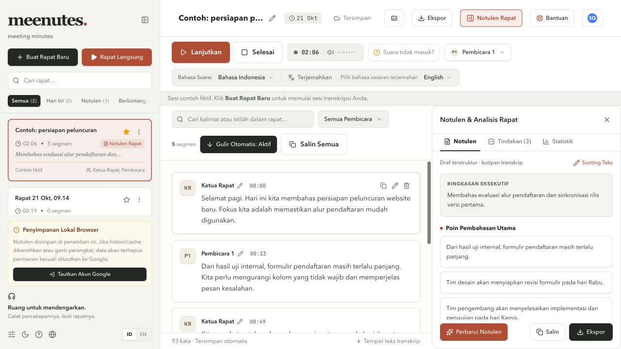 Workspace tamu Meenutes dengan transkrip rapat contoh, label pembicara, dan draf notulen terstruktur.